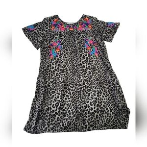 SEE AND BE SEEN Size M Dress Shift Leopard Print Embroidered Floral Spring Comfy